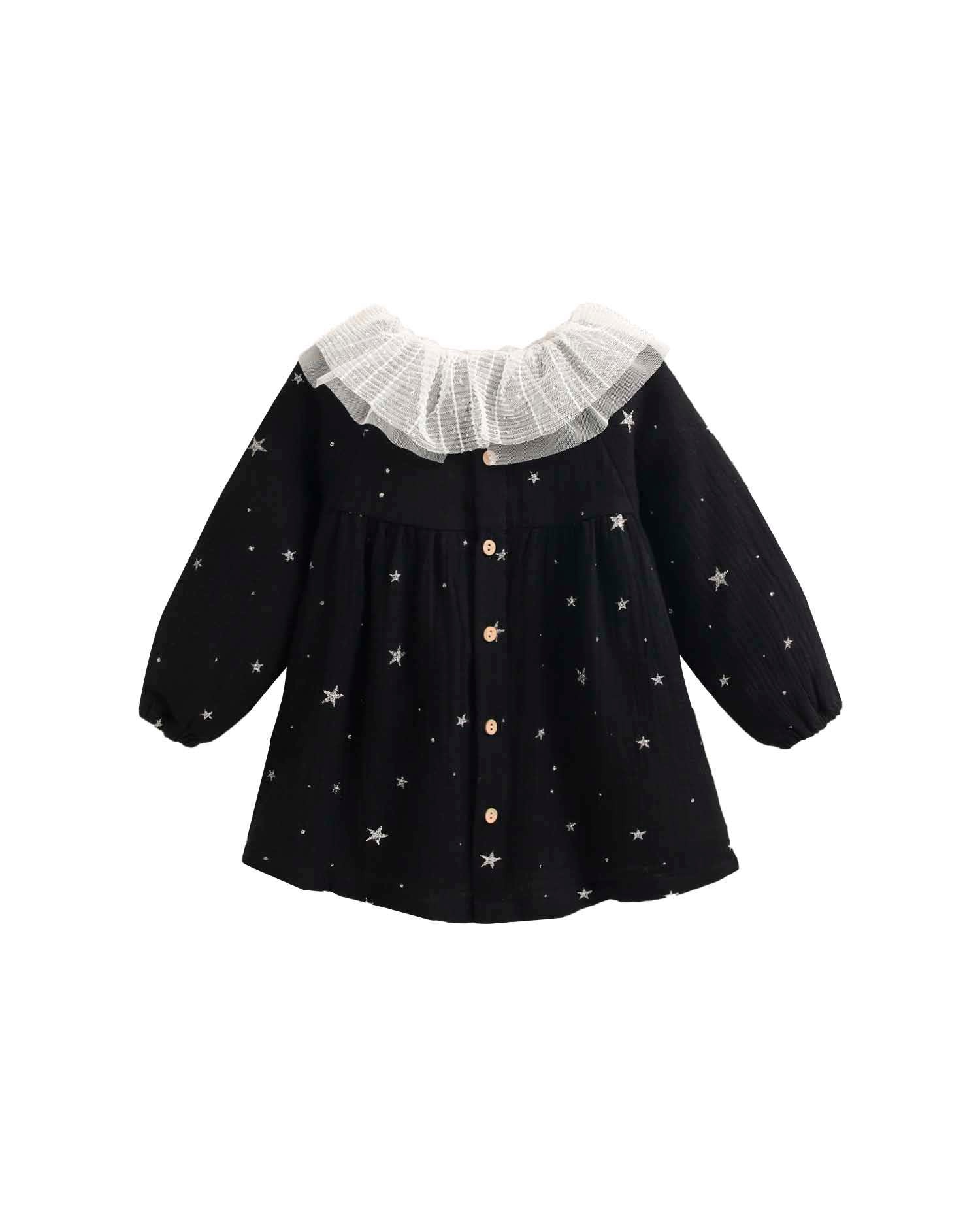 Vestido para Bebé Estampado com Gola Folho Preto-2