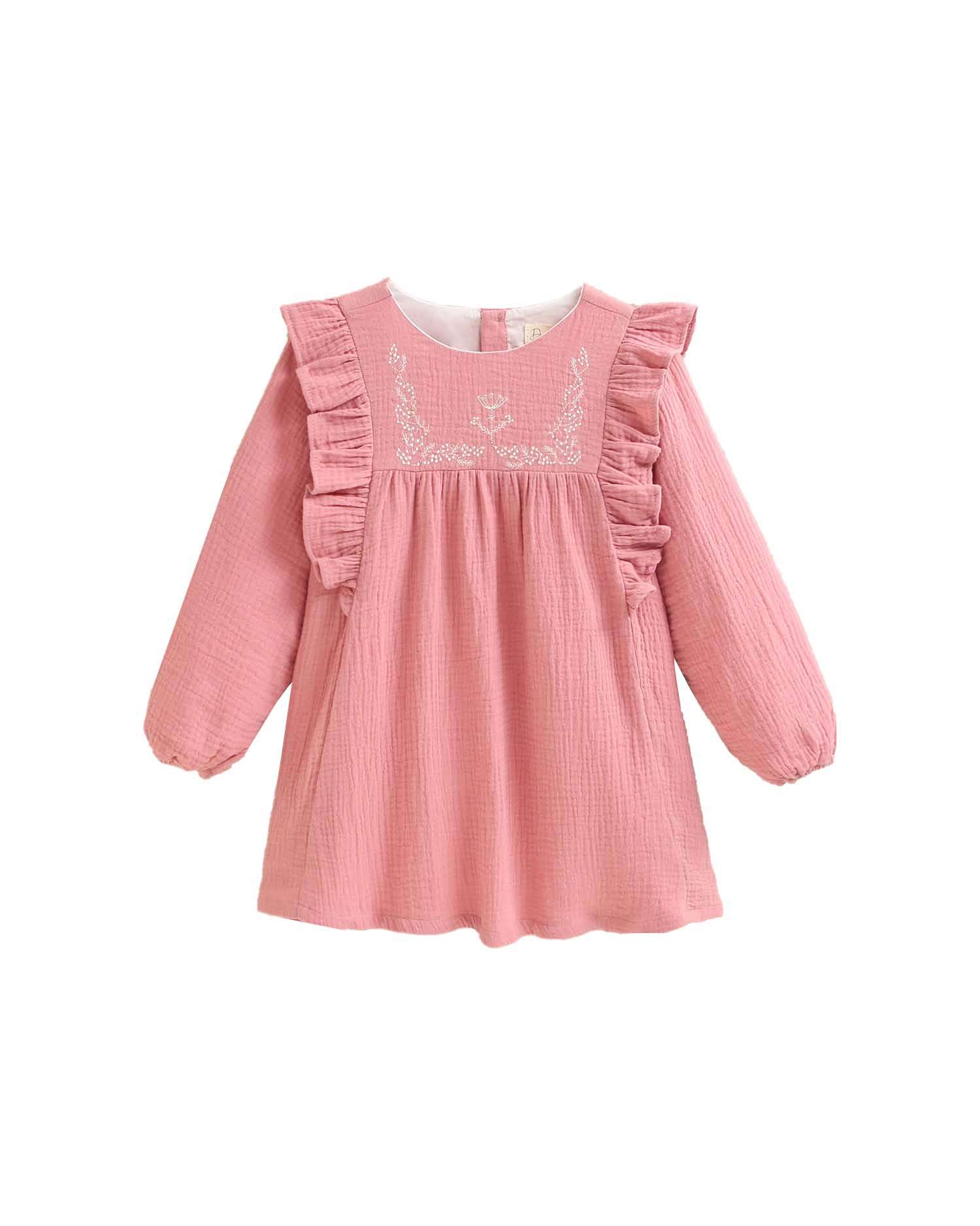 Vestido Infantil de Bambula com Detalhe Bordado Rosa-1