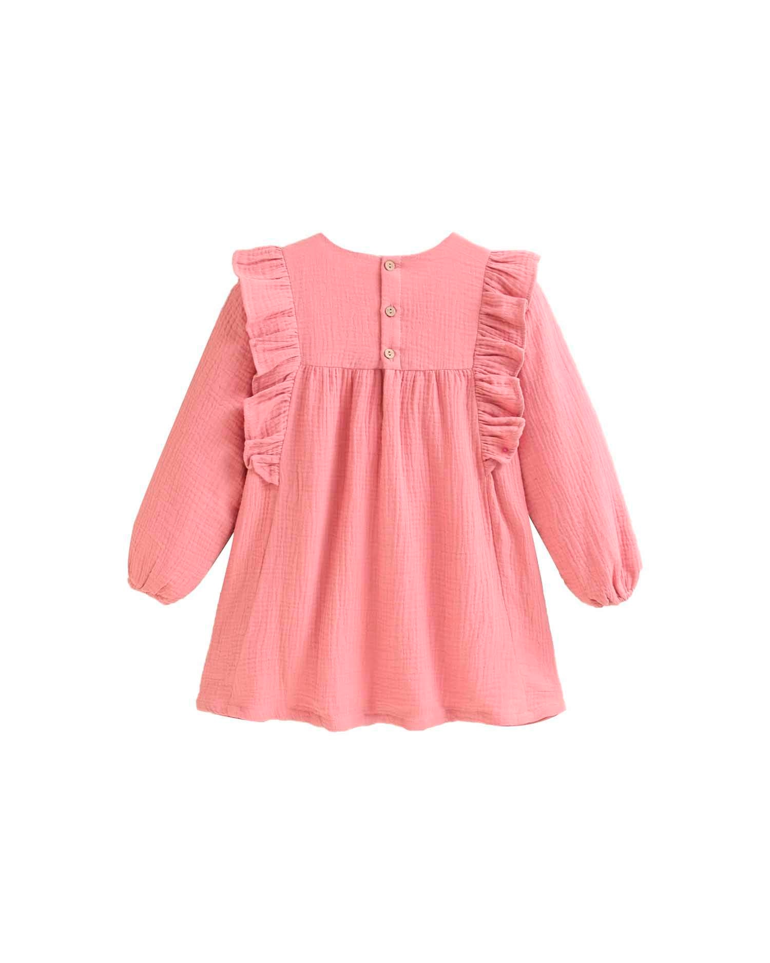 Vestido Infantil de Bambula com Detalhe Bordado Rosa-2