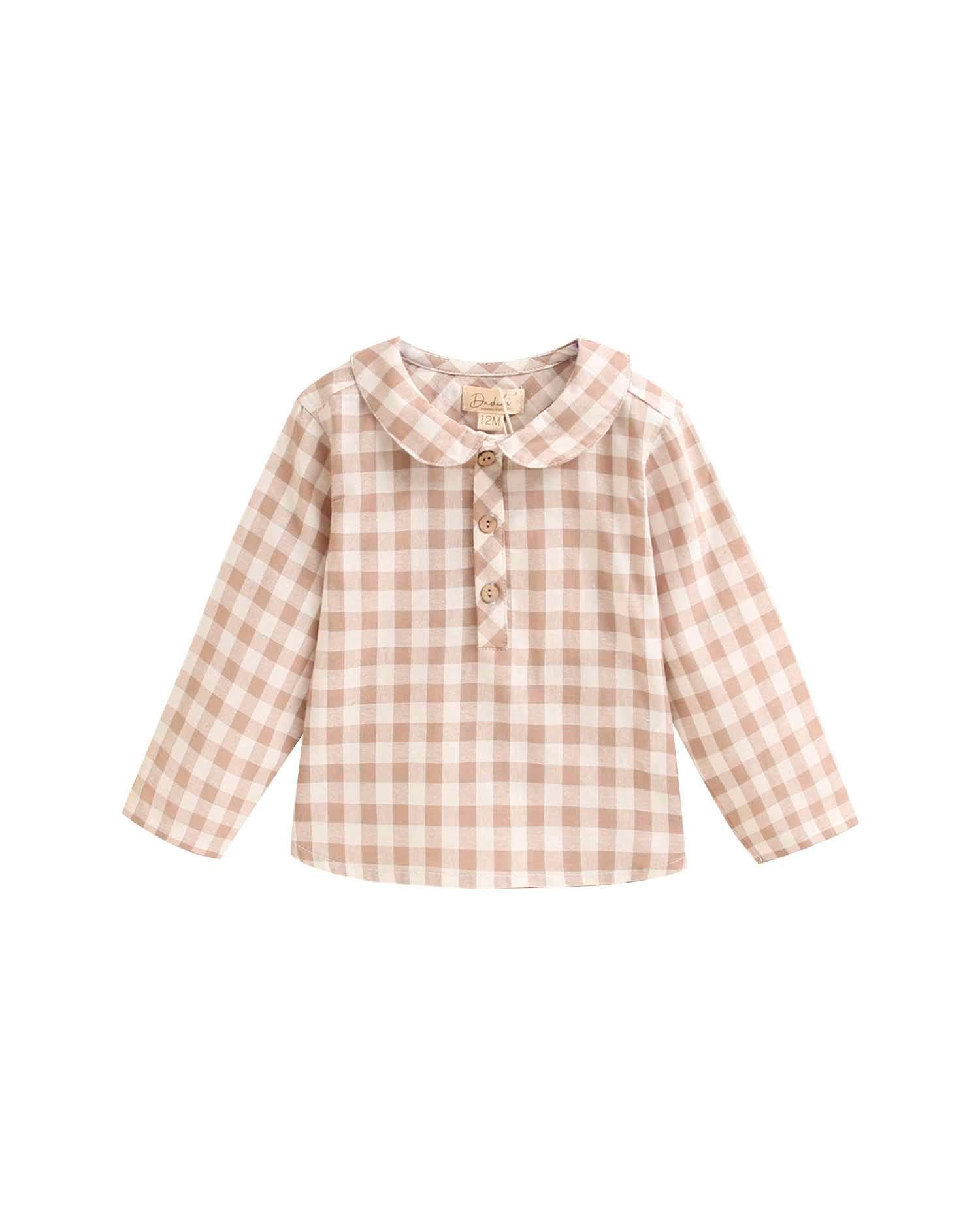Camisa para Bebé Aos Quadrados de Manga Comprida Castanho-claro-1