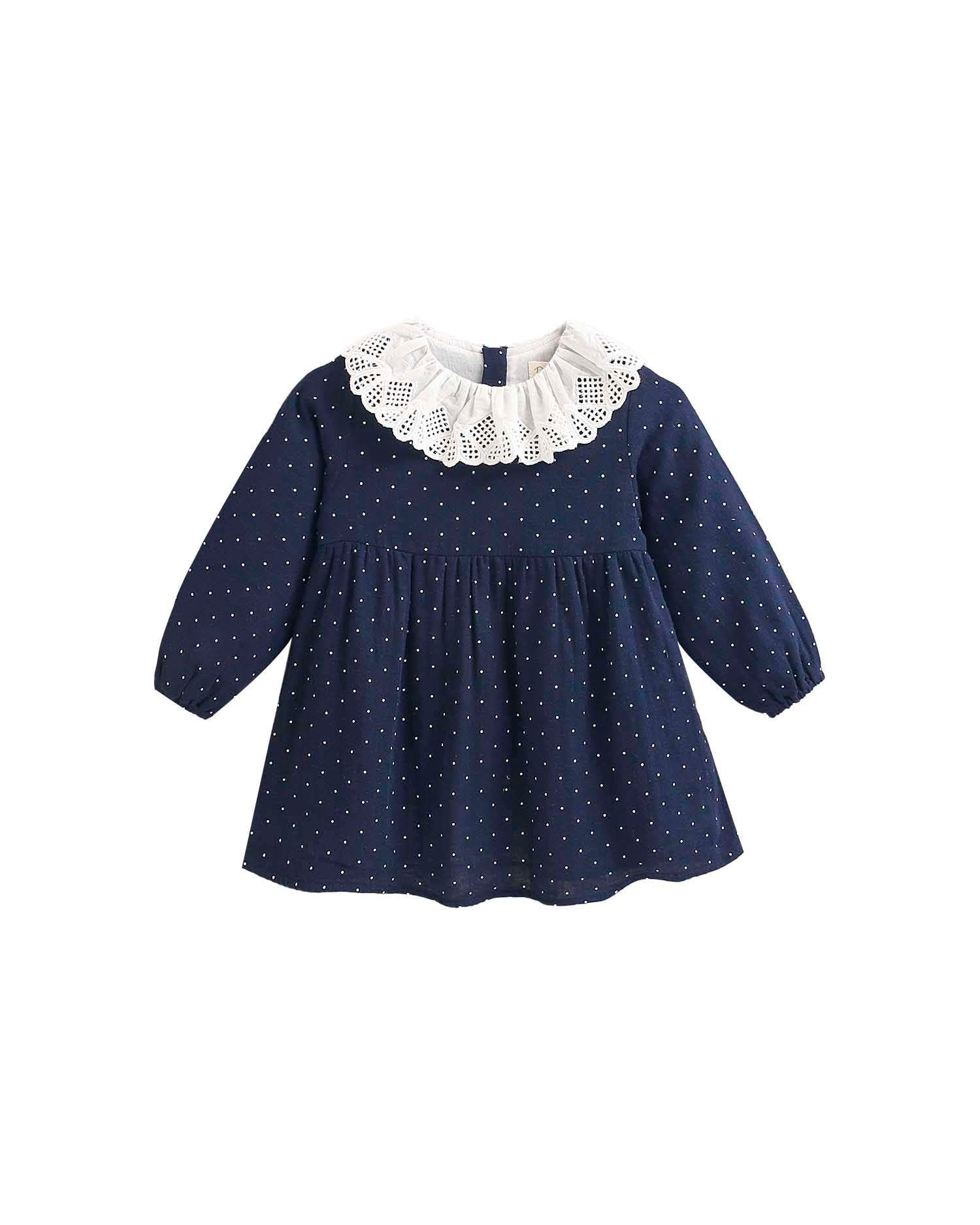 Vestido para Bebé com Microestampado e Gola com Bordados Azul-marinho-1