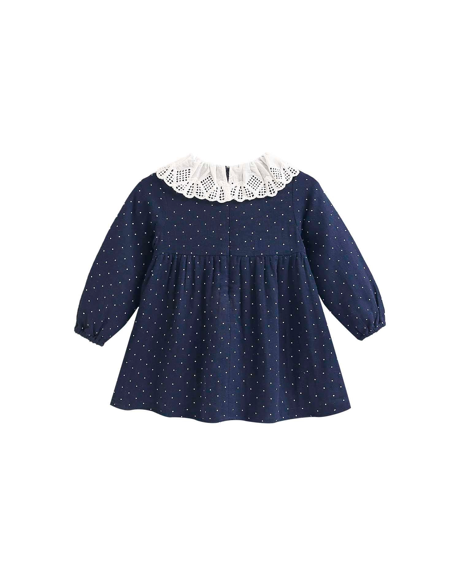 Vestido para Bebé com Microestampado e Gola com Bordados Azul-marinho-2