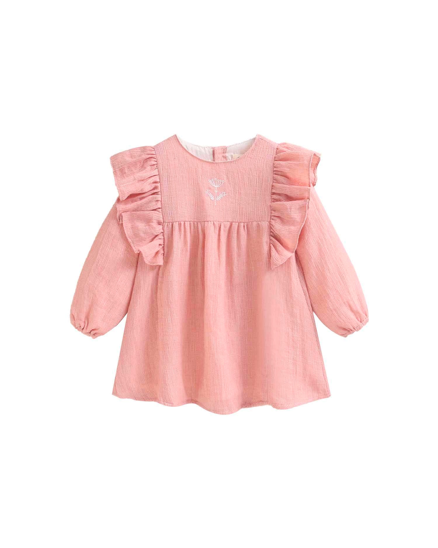 Vestido para Bebé com Folhos e Bordado Rosa-1