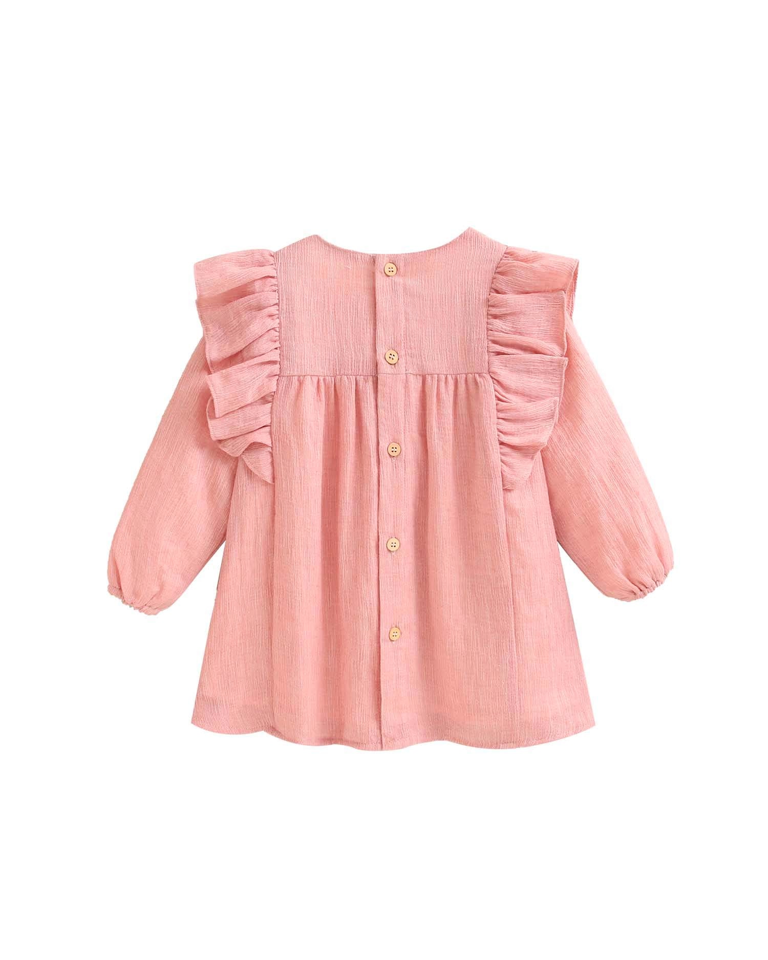Vestido para Bebé com Folhos e Bordado Rosa-2
