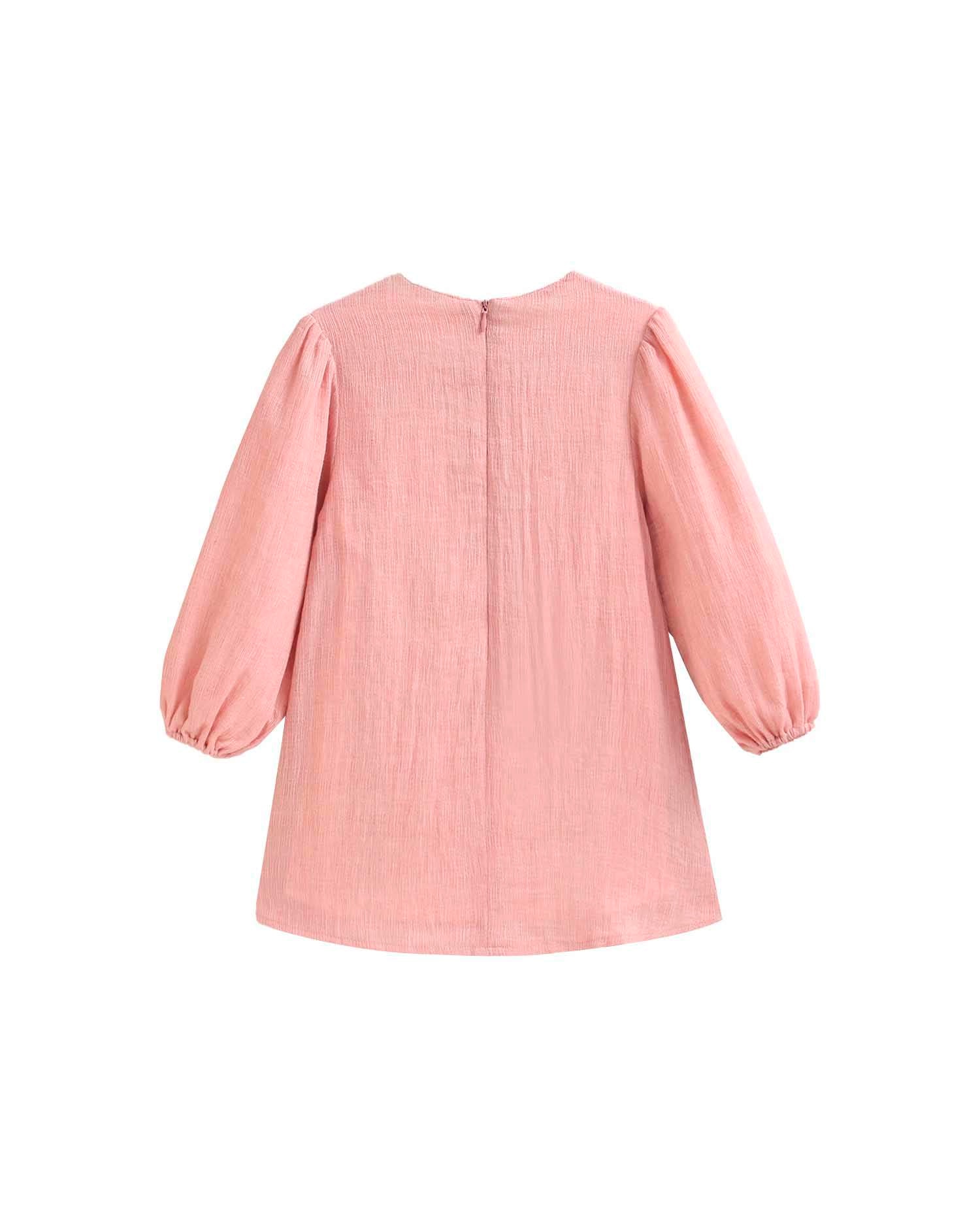 Vestido Infantil com Bordado e Mangas Abalonadas Rosa-2