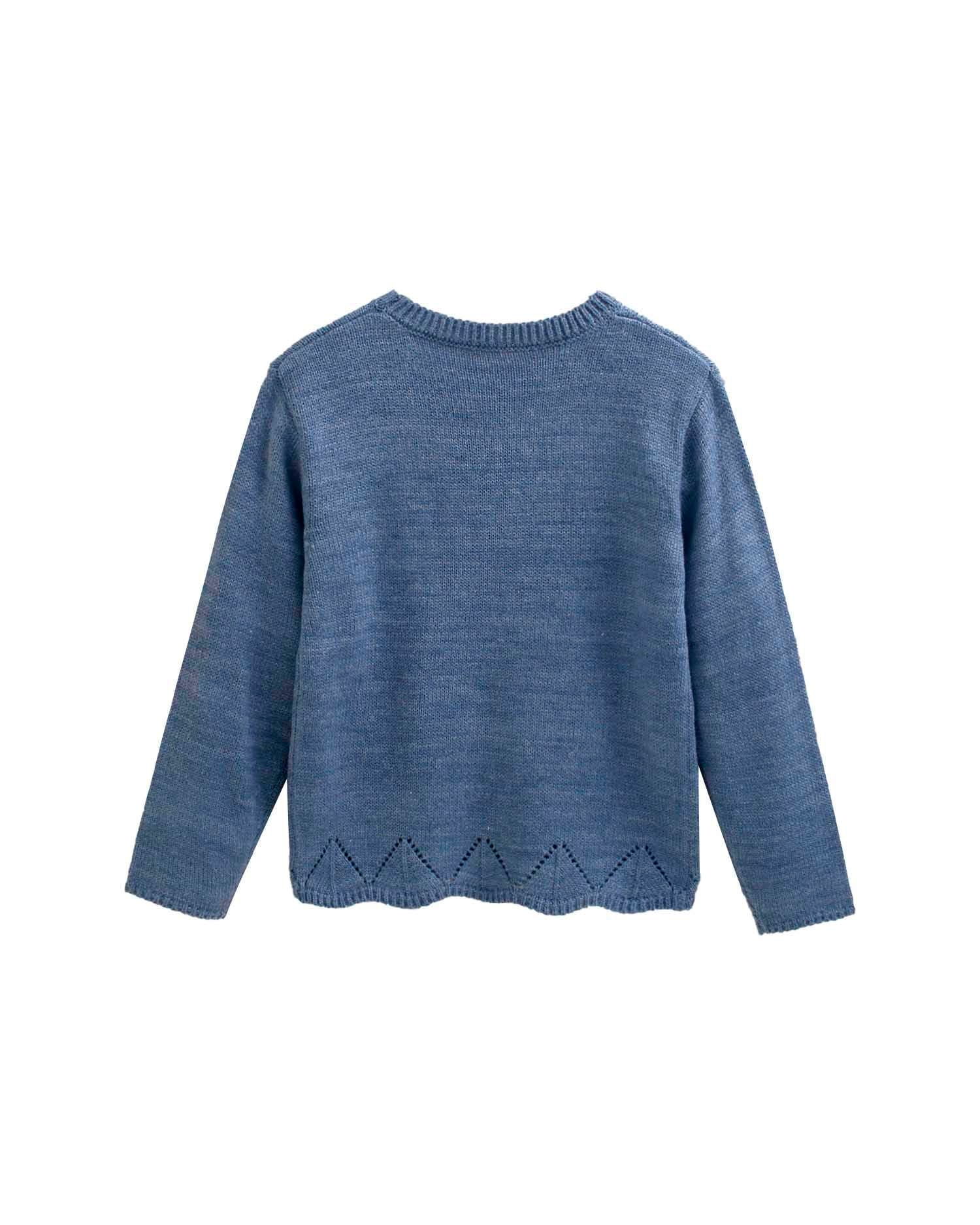 Camisola Infantil com Perfurado e Ondas na Bainha Azul-2