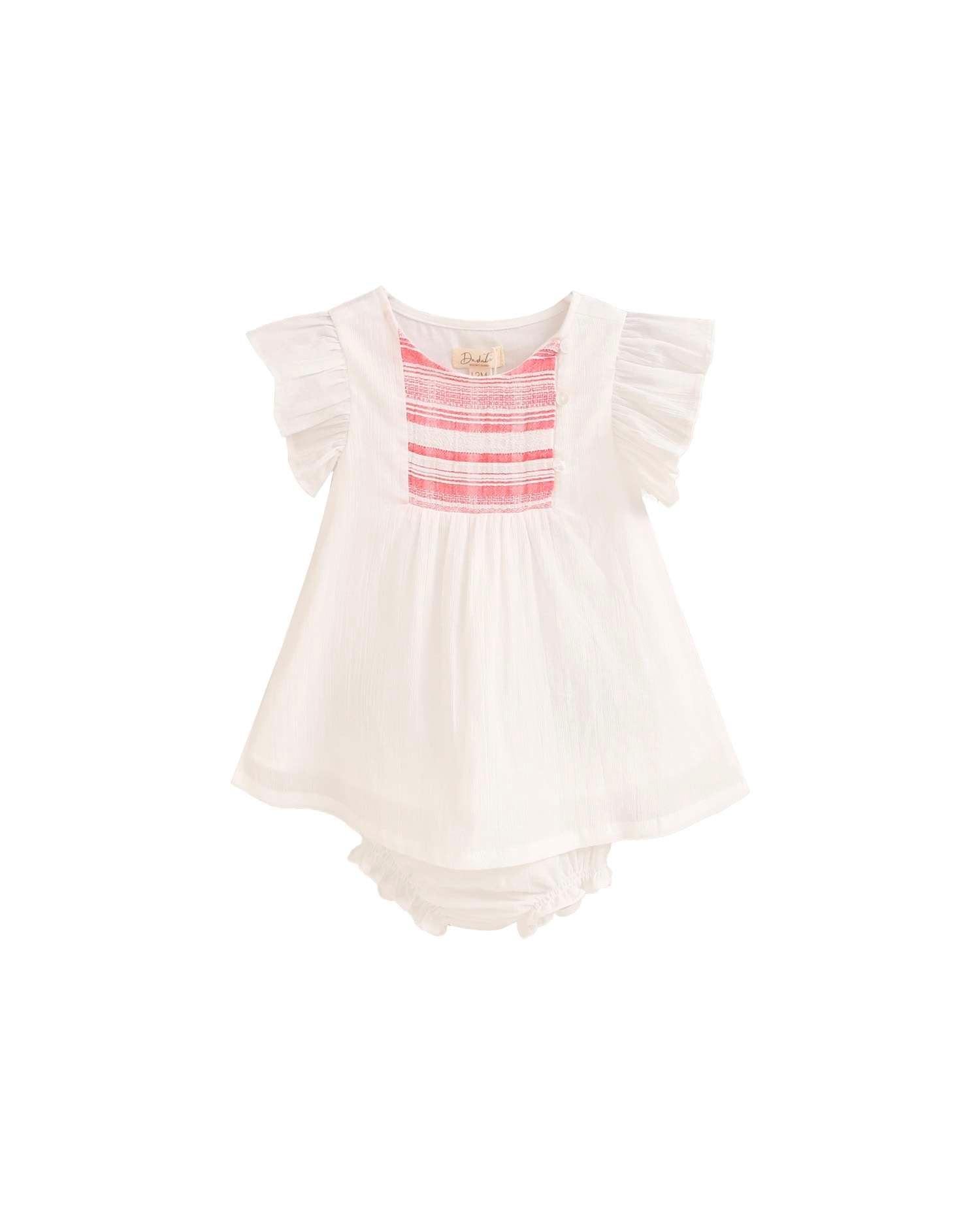 Vestido para Bebé com Riscas na Peito e Gola em Conjunto Dadati Branco-1