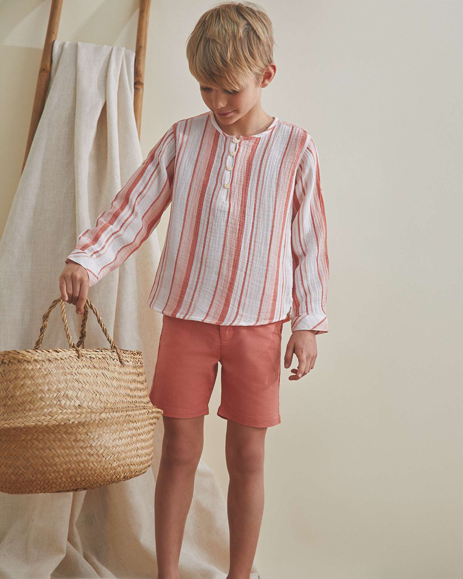 Camisa Infantil de Manga Comprida com Estampado Às Riscas Coral-1