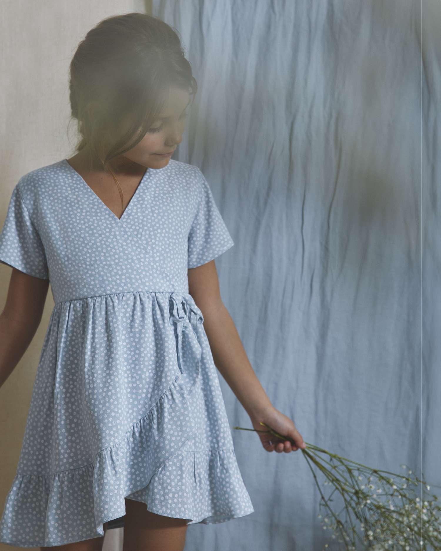 Vestido Infantil Cruzado de Manga Curta Estampado Dadati Turquesa-1