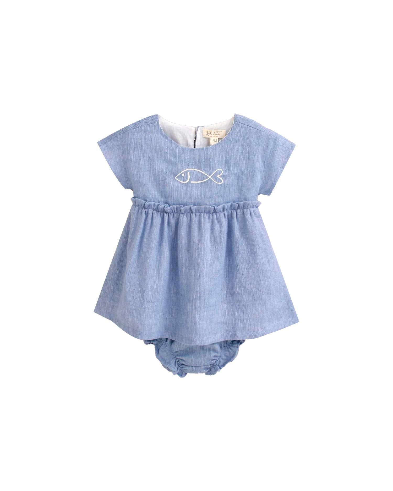 Vestido para Bebé com Bordado de Peixe e Gola em Conjunto Azul-3
