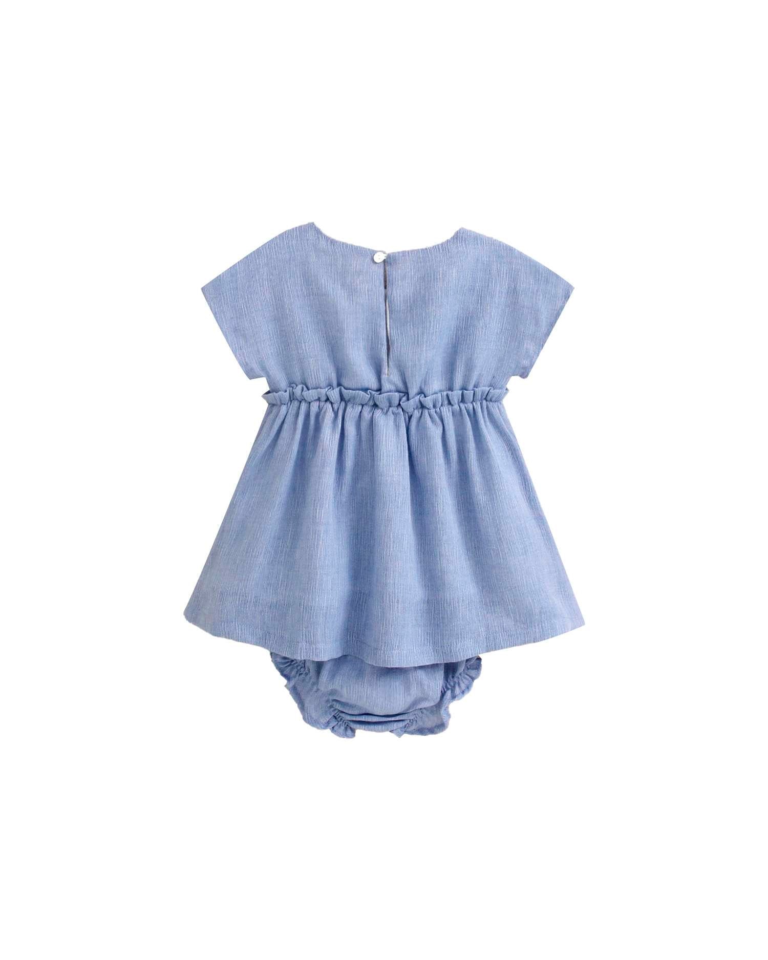 Vestido para Bebé com Bordado de Peixe e Gola em Conjunto Azul-4