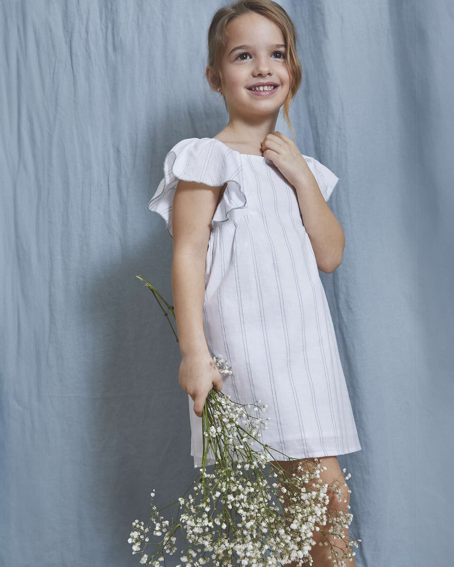 Vestido Infantil Às Riscas com Decote Quadrado Dadati Branco-1