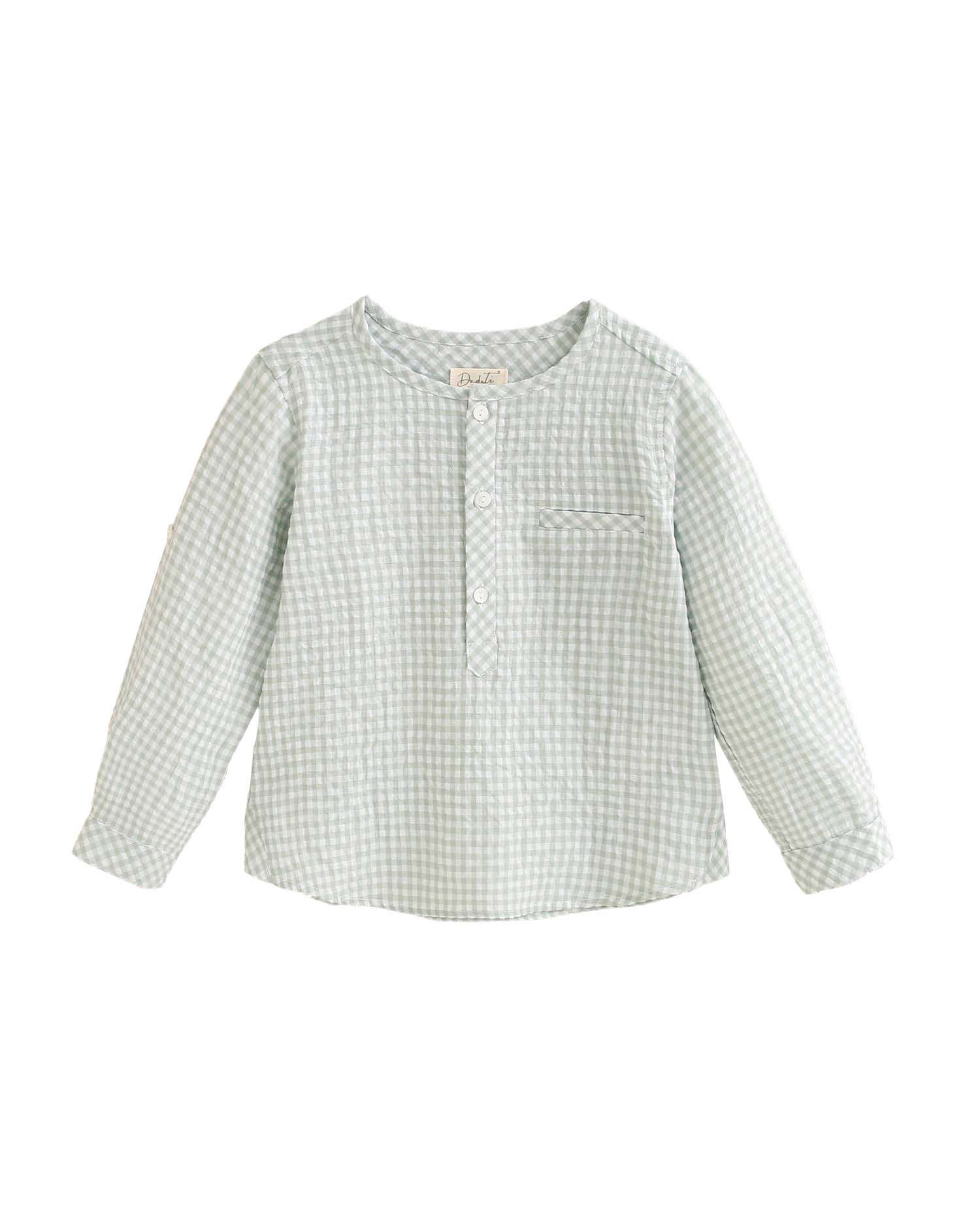 Camisa Infantil de Manga Comprida Aos Quadrados Vichy Verde-claro-1