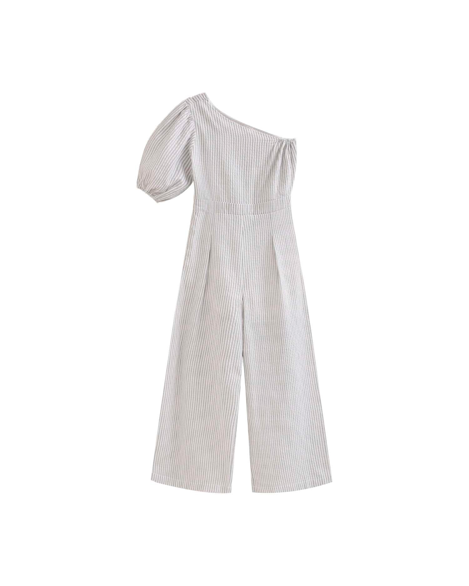 Macacão Infantil Assimétrico Às Riscas Cinzento-claro-1