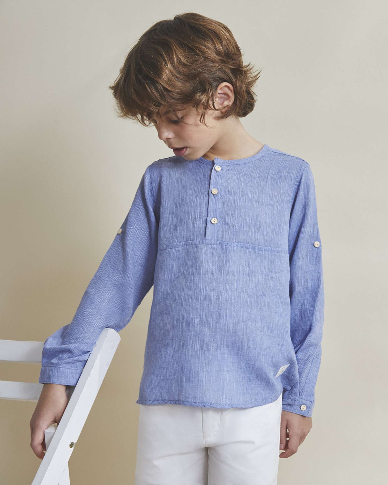 Camisa Infantil em Bambula de Manga Comprida Azul-1