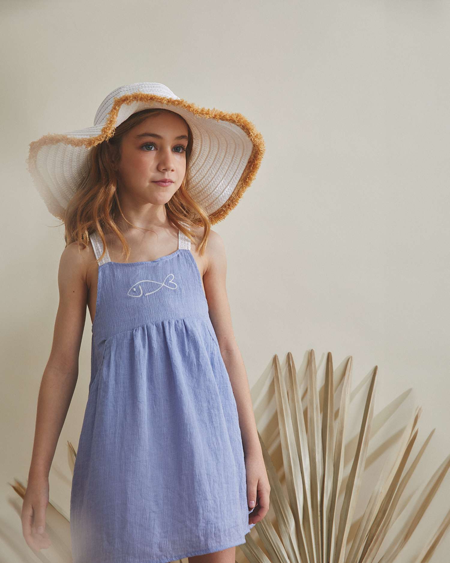 Vestido Infantil de Alças com Bordado de Peixe Dadati Azul claro / azul marinho-1