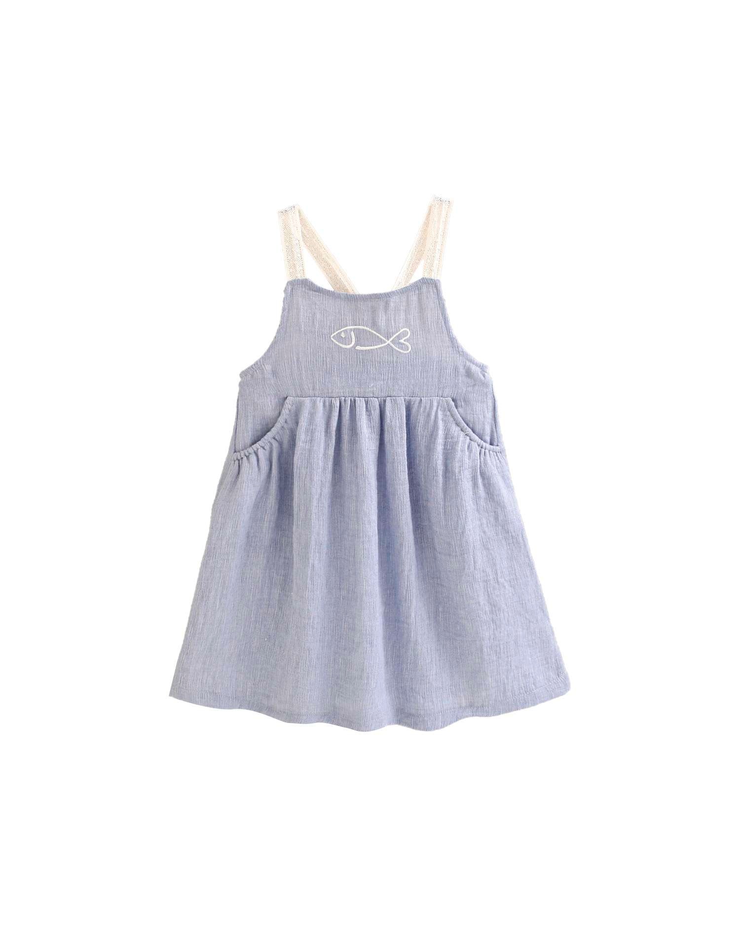 Vestido Infantil de Alças com Bordado de Peixe Dadati Azul claro / azul marinho-2