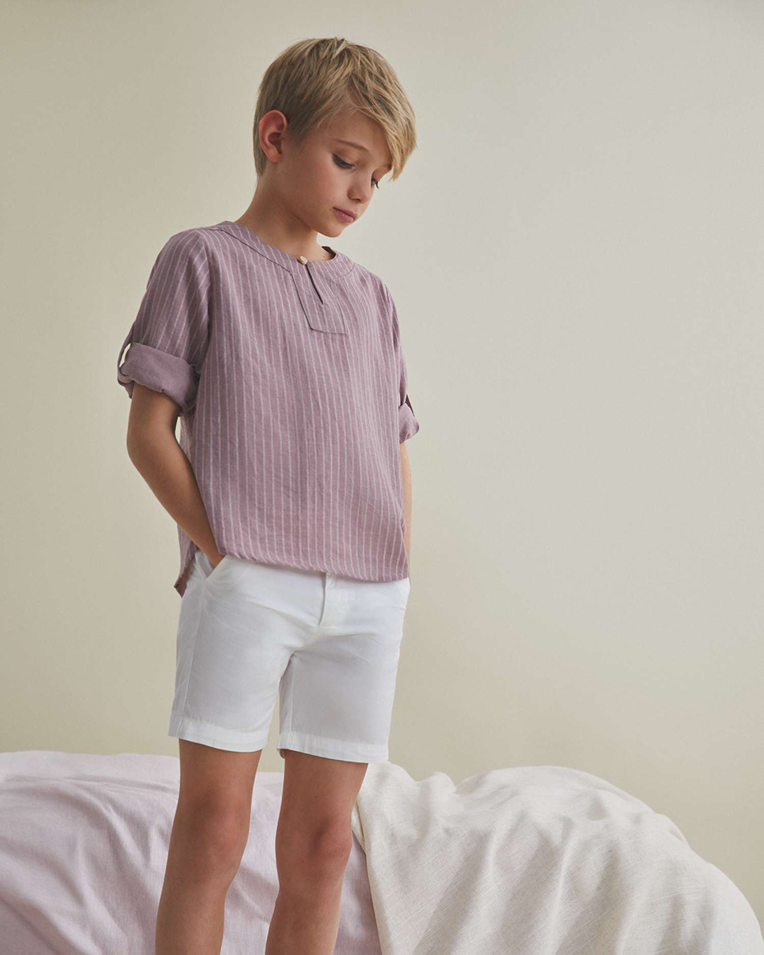 Camisa Infantil de Manga Comprida com Estampado Às Riscas Lilás-1