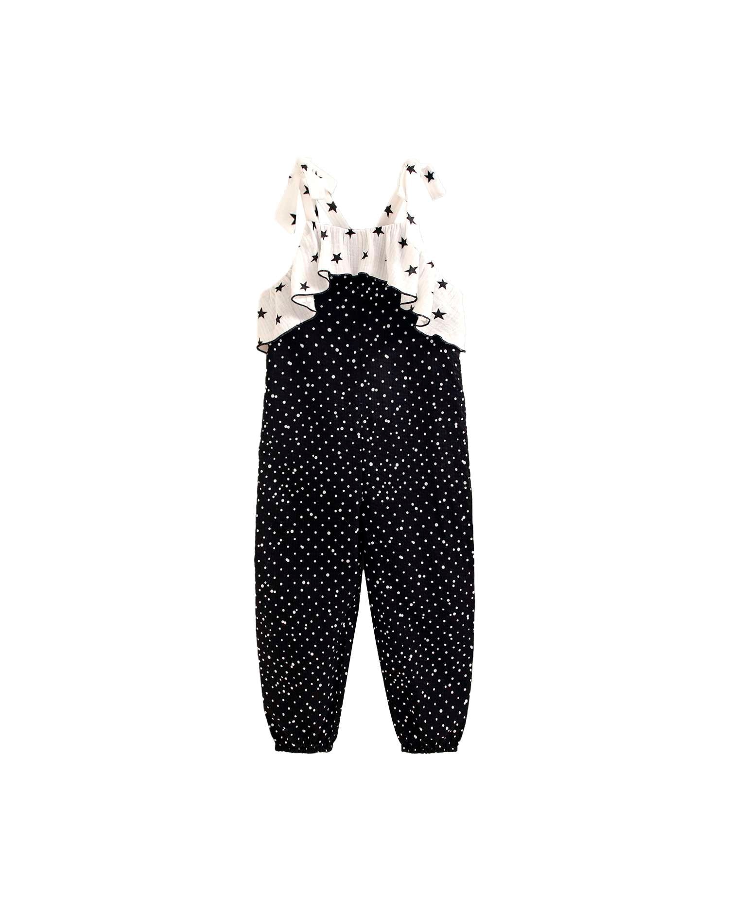 Macacão Infantil de Bolinhas com Aplique de Estrelas em Contraste Dadati Preto-1
