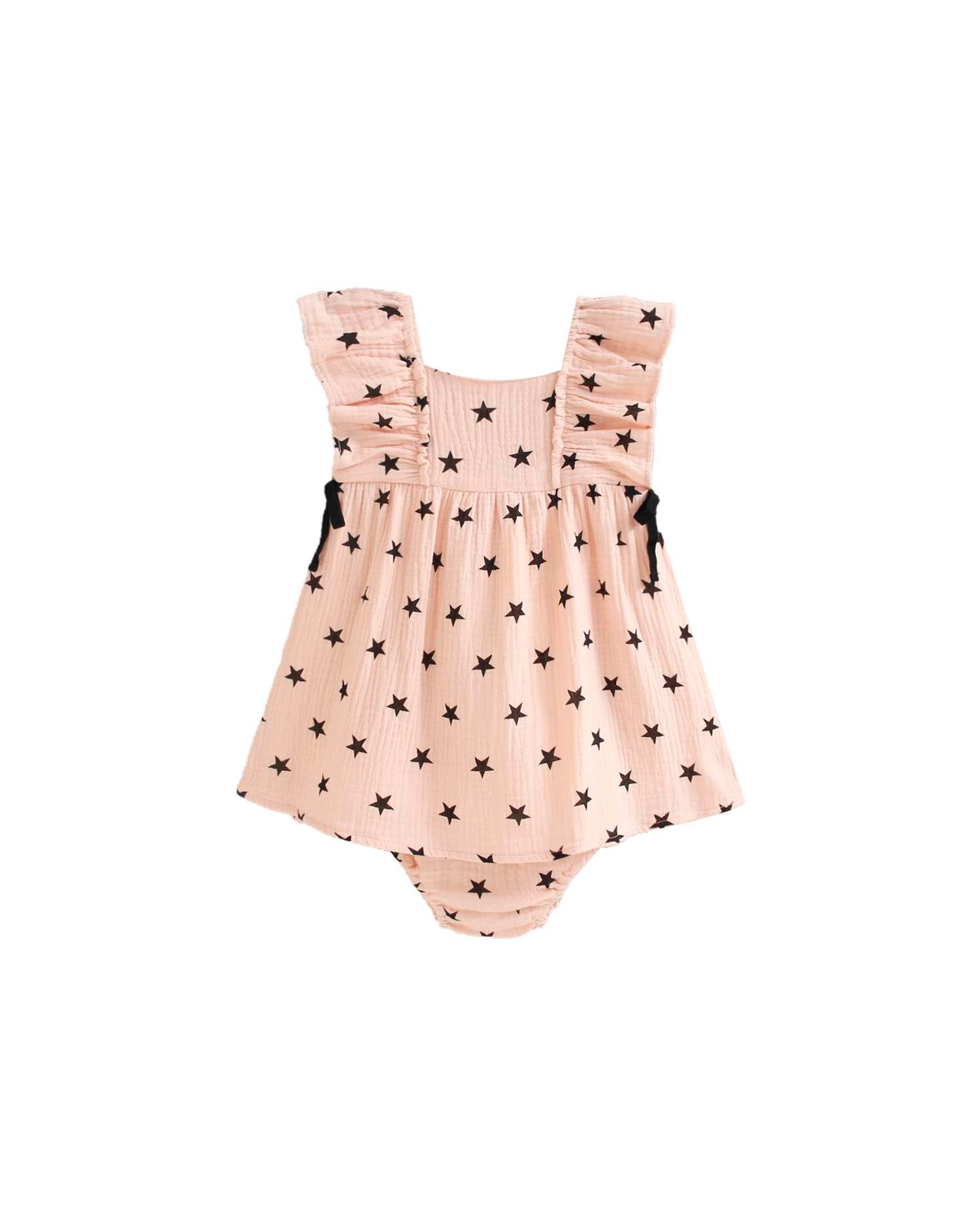 Vestido para Bebé com Estampado de Estrelas e Gola em Conjunto Rosa / Preto-1