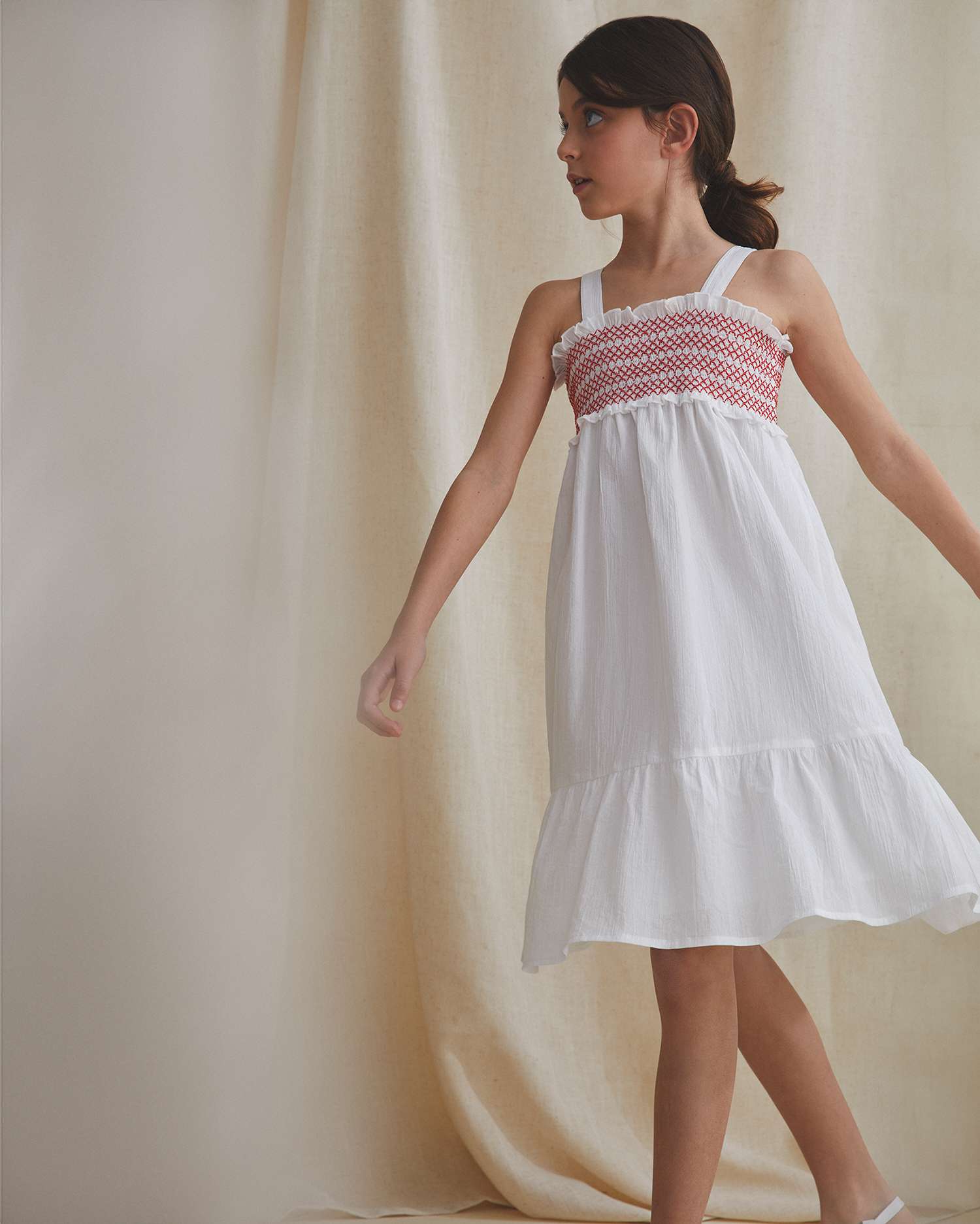 Vestido Infantil de Alças com Favo de Mel Dadati Vermelho / Branco-1