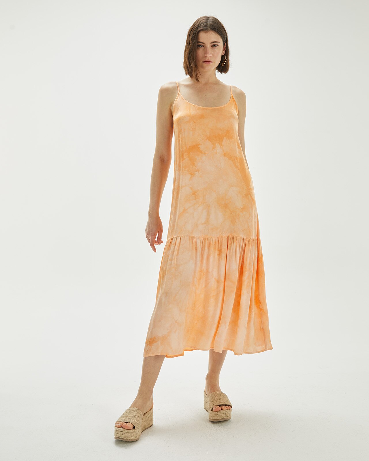 Vestido Tie Dye em Tecido Fluido e Acetinado Laranja-1