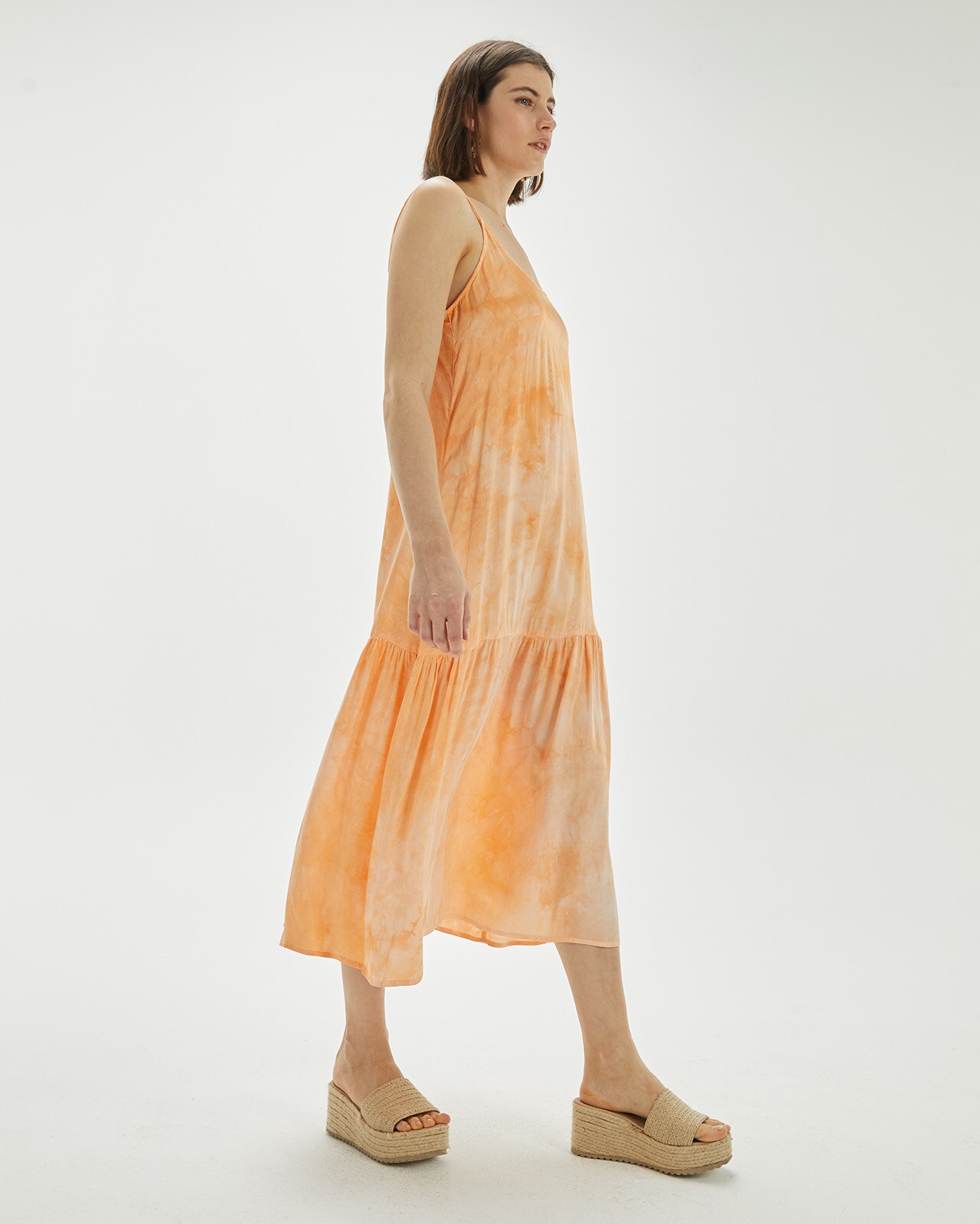 Vestido Tie Dye em Tecido Fluido e Acetinado Laranja-3