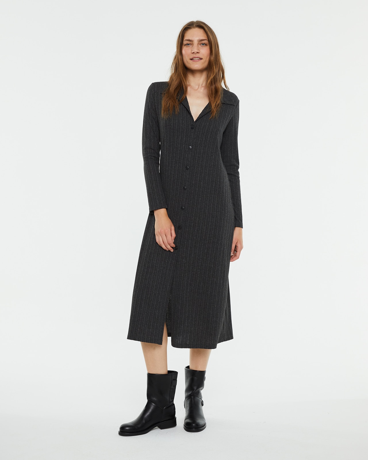 Vestido Midi de Canelado com Gola Polo Cinzento-1