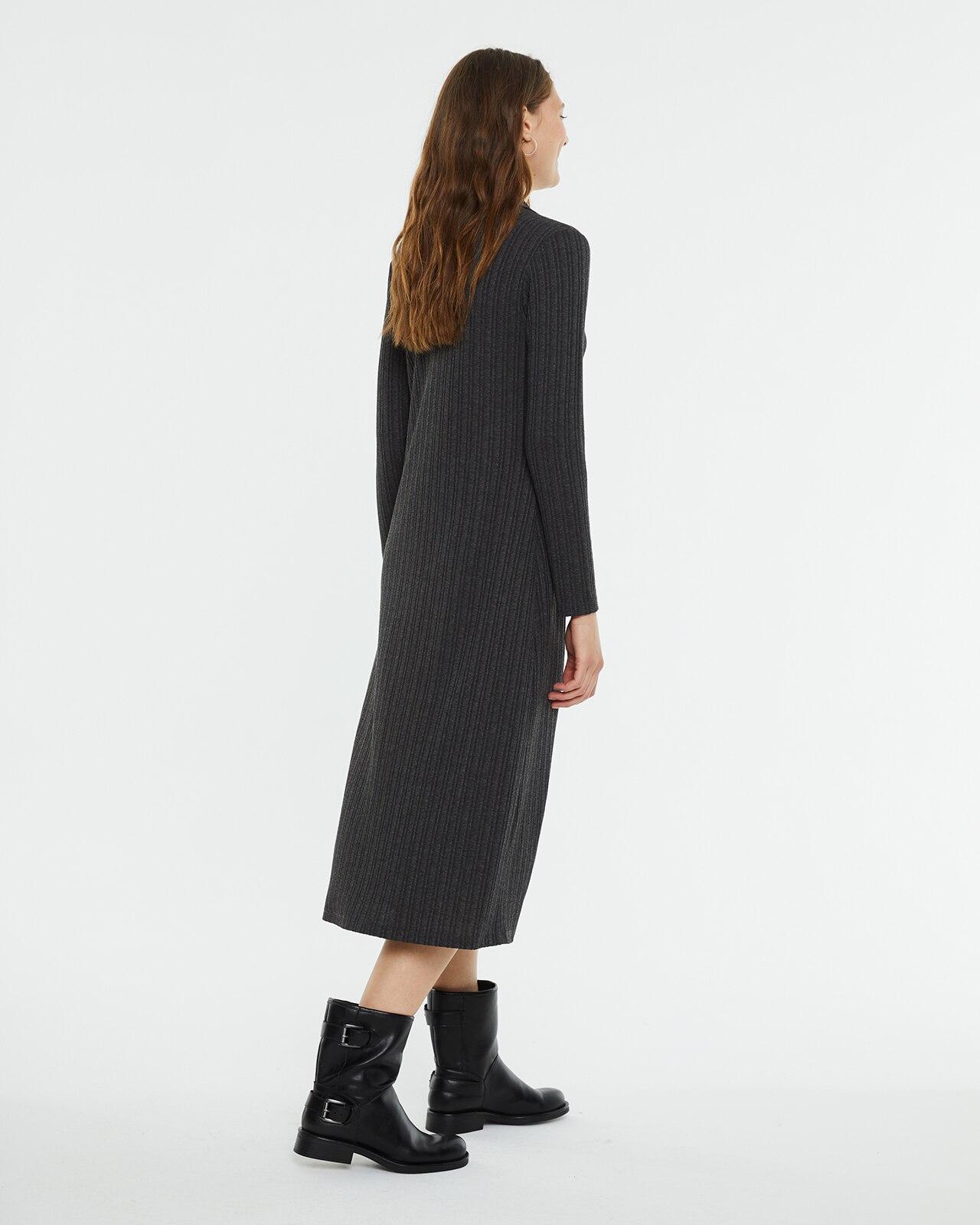 Vestido Midi de Canelado com Gola Polo Cinzento-2