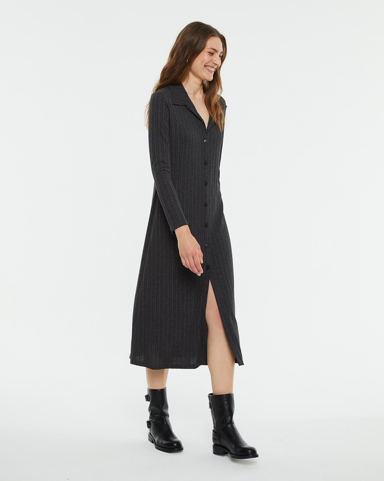 Vestido Midi de Canelado com Gola Polo Cinzento-3
