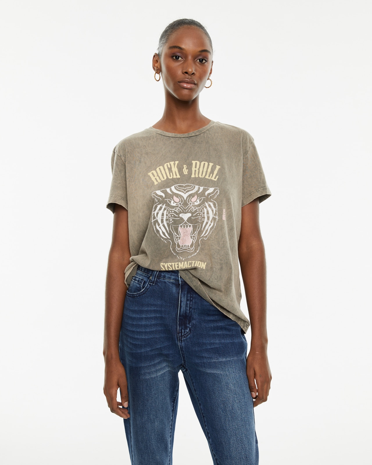 T-shirt de Algodão Orgânico com Ilustração Frontal Bege-1