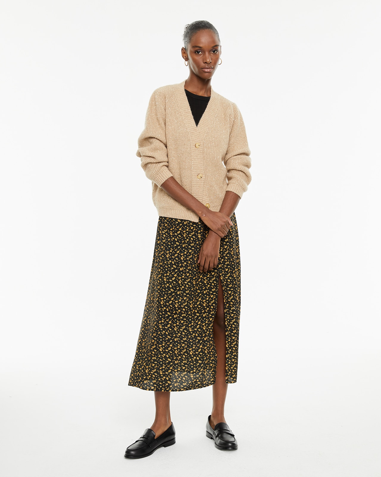 Saia Midi Evasé com Estampado Floral Preto / Laranja-1