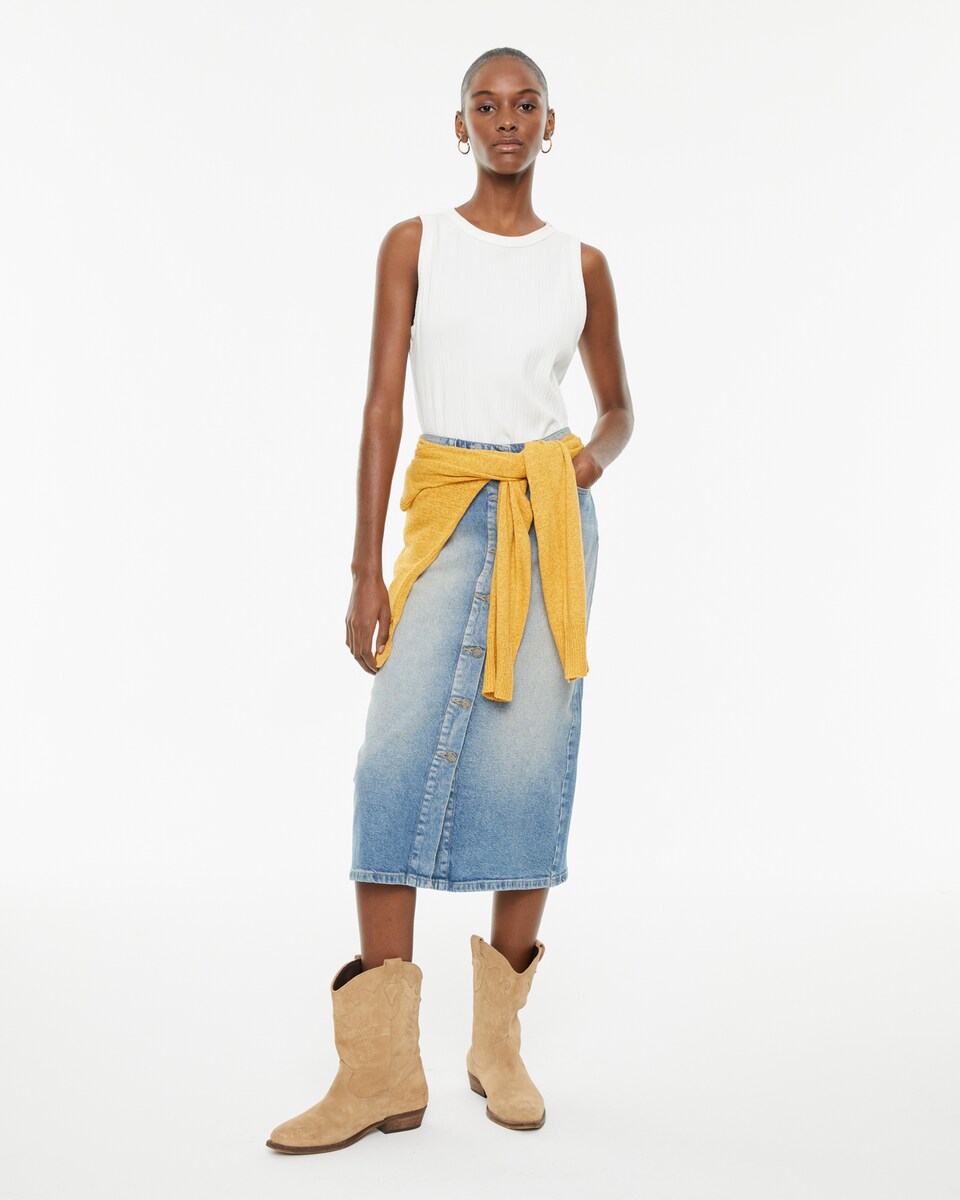 Saia Jeans com Fecho de Botões Frontal Azul-índigo-1