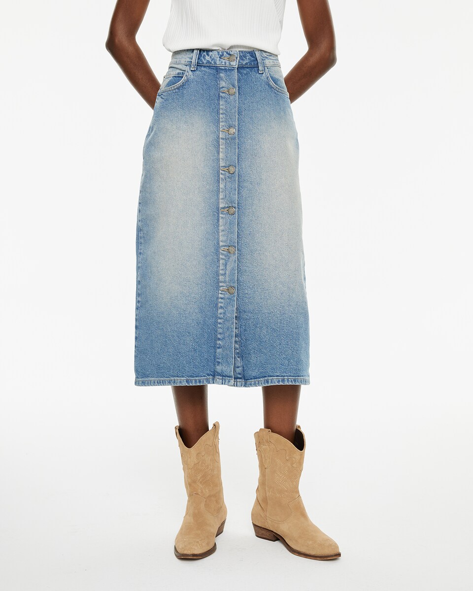 Saia Jeans com Fecho de Botões Frontal Azul-índigo-3