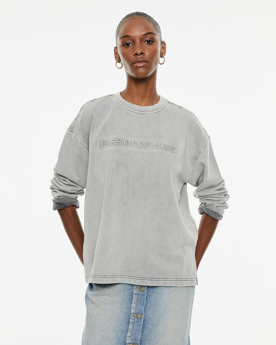 Sweatshirt Efeito Desgastado com Mensagem em Relevo Cinzento-claro-1