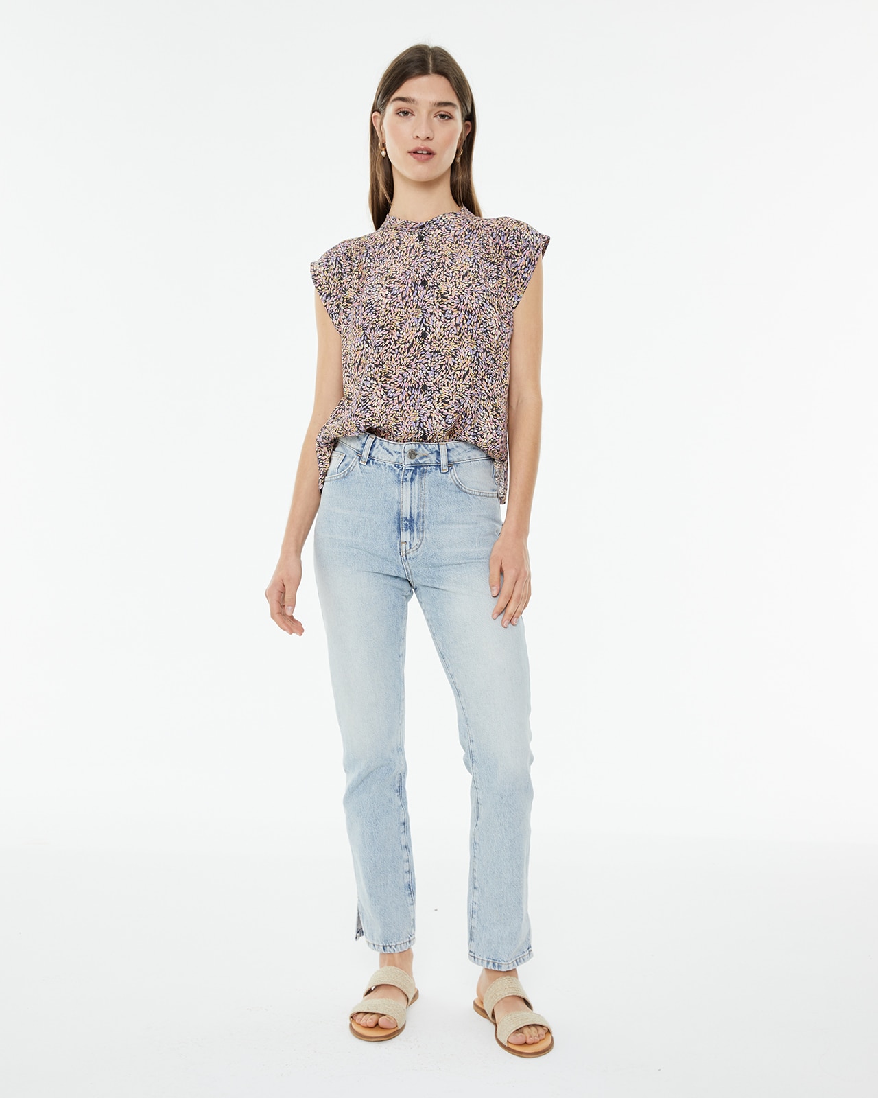 Jeans com Corte a Direito de Cintura Média Efeito Desgastado Azul-claro-1