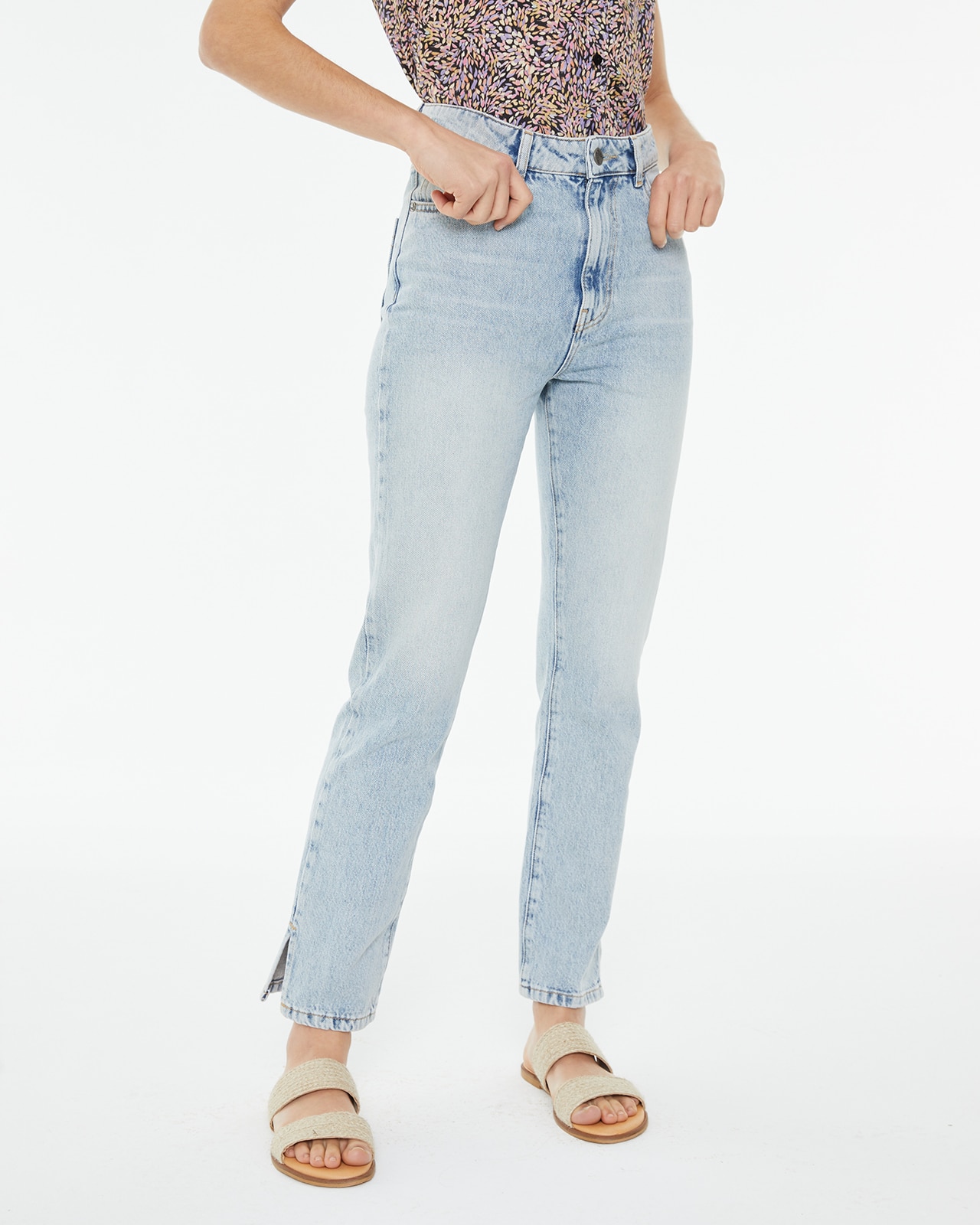 Jeans com Corte a Direito de Cintura Média Efeito Desgastado Azul-claro-3