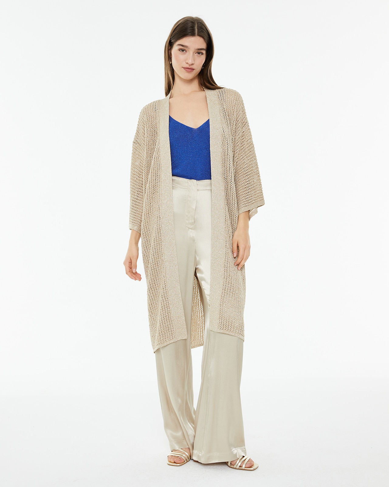 Kimono Comprido de Malha Perfurada de Lurex Bege-1