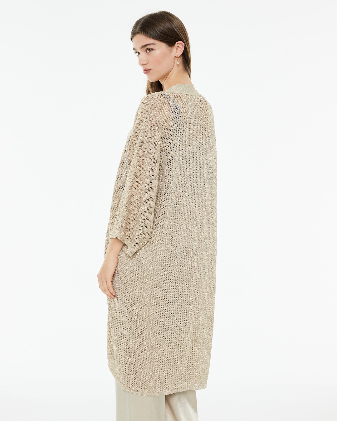 Kimono Comprido de Malha Perfurada de Lurex Bege-2