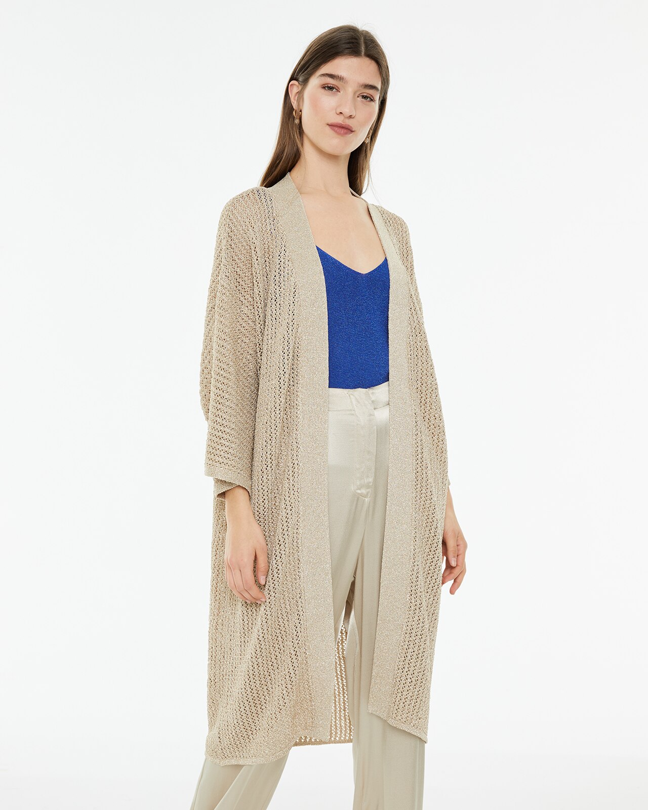 Kimono Comprido de Malha Perfurada de Lurex Bege-3