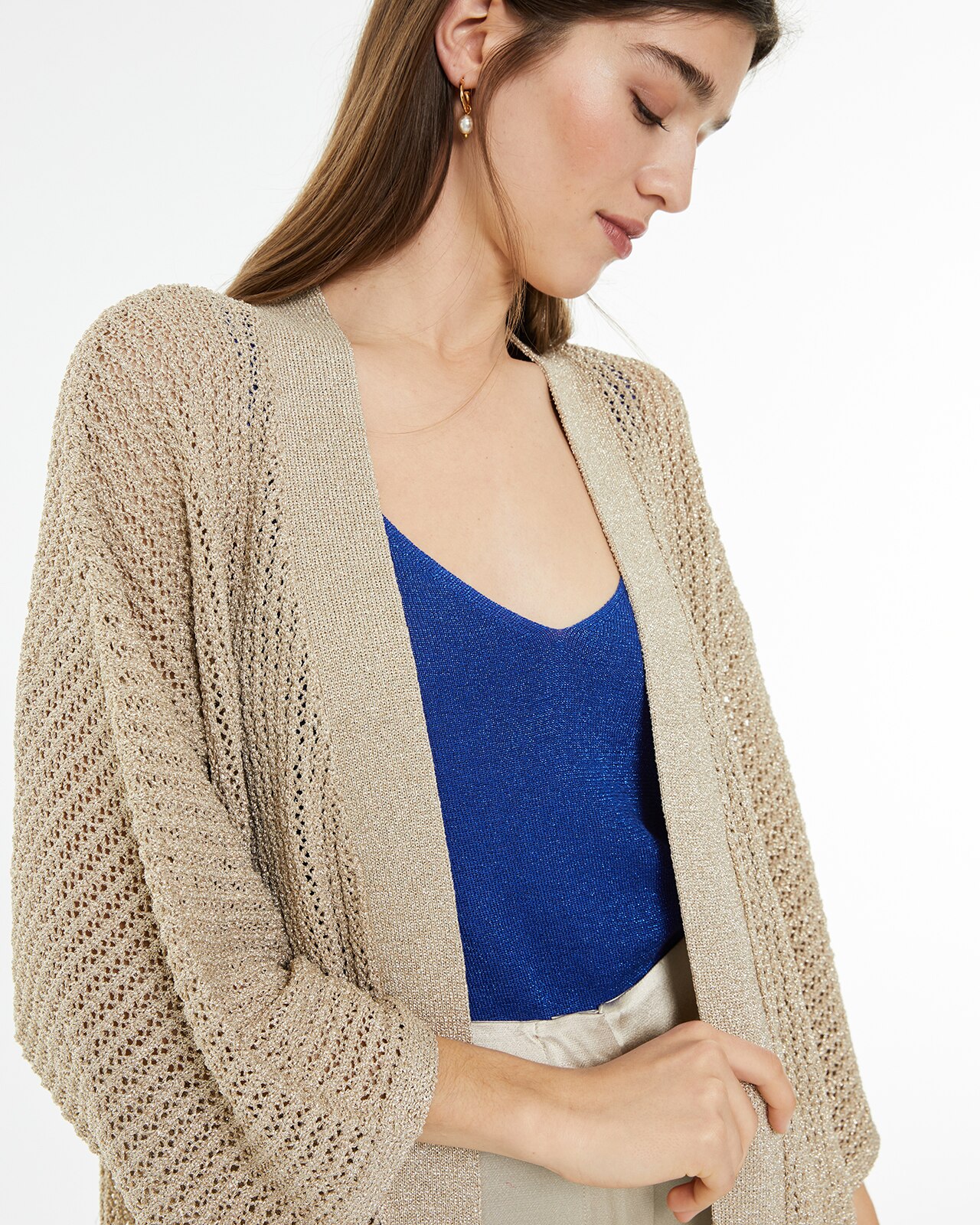 Kimono Comprido de Malha Perfurada de Lurex Bege-4