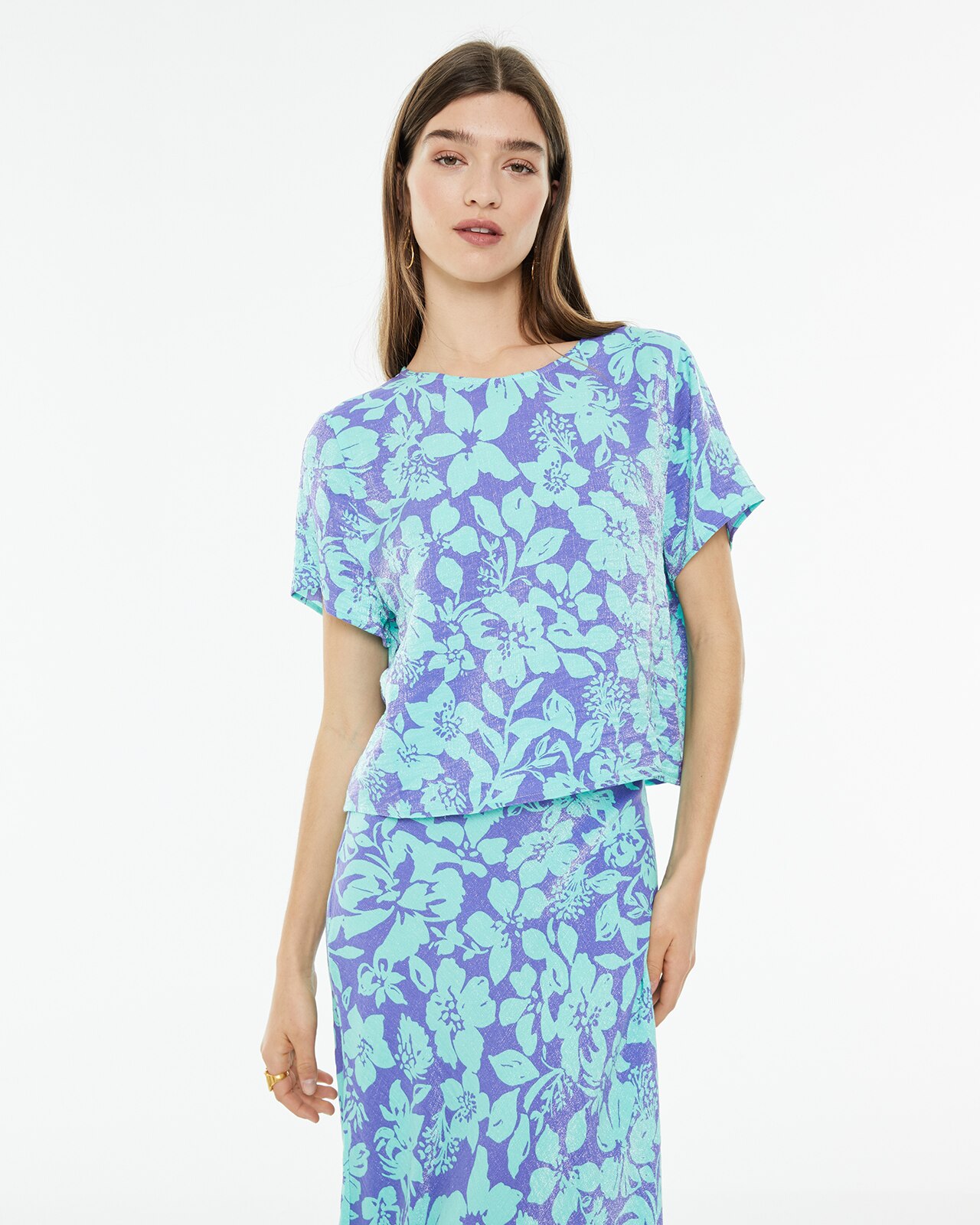 Camisa de Manga Curta com Estampado Floral Grande Azul / Verde-1