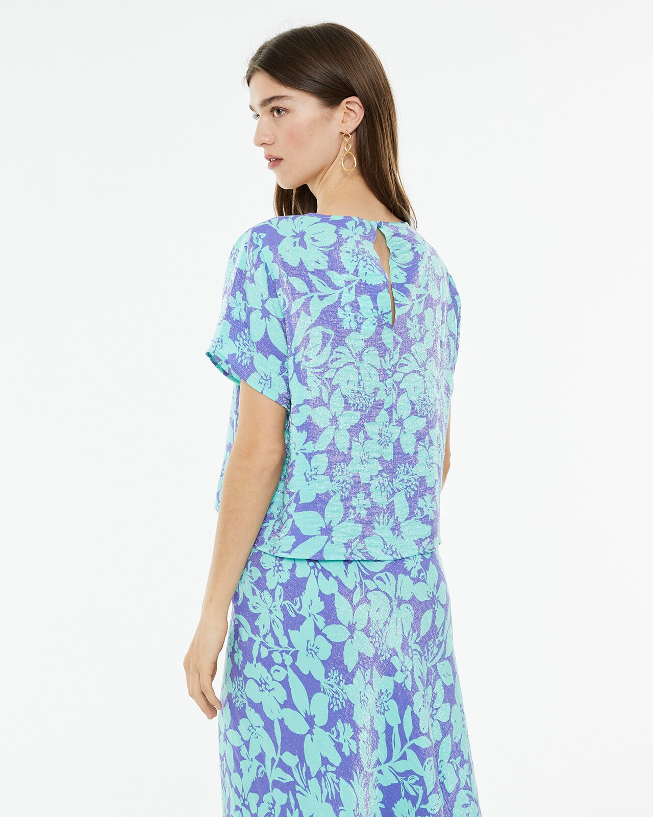 Camisa de Manga Curta com Estampado Floral Grande Azul / Verde-2