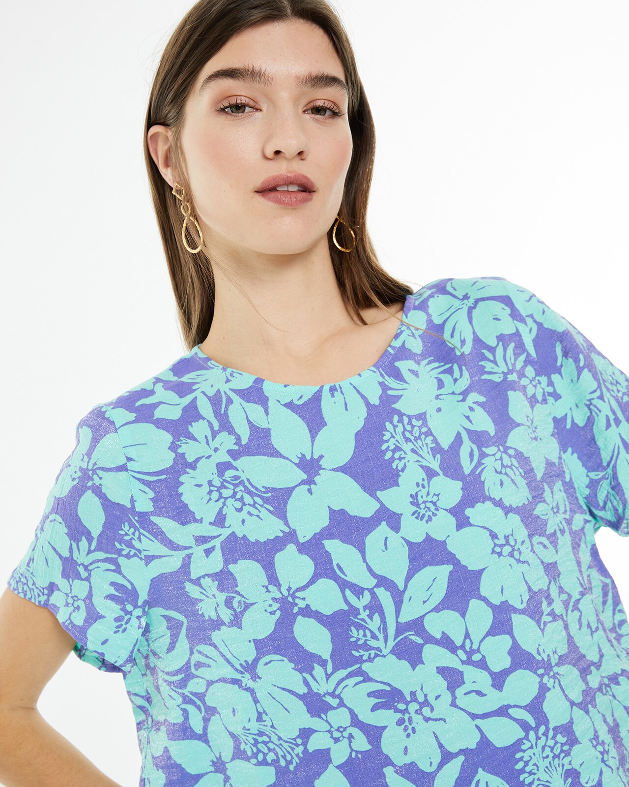 Camisa de Manga Curta com Estampado Floral Grande Azul / Verde-4