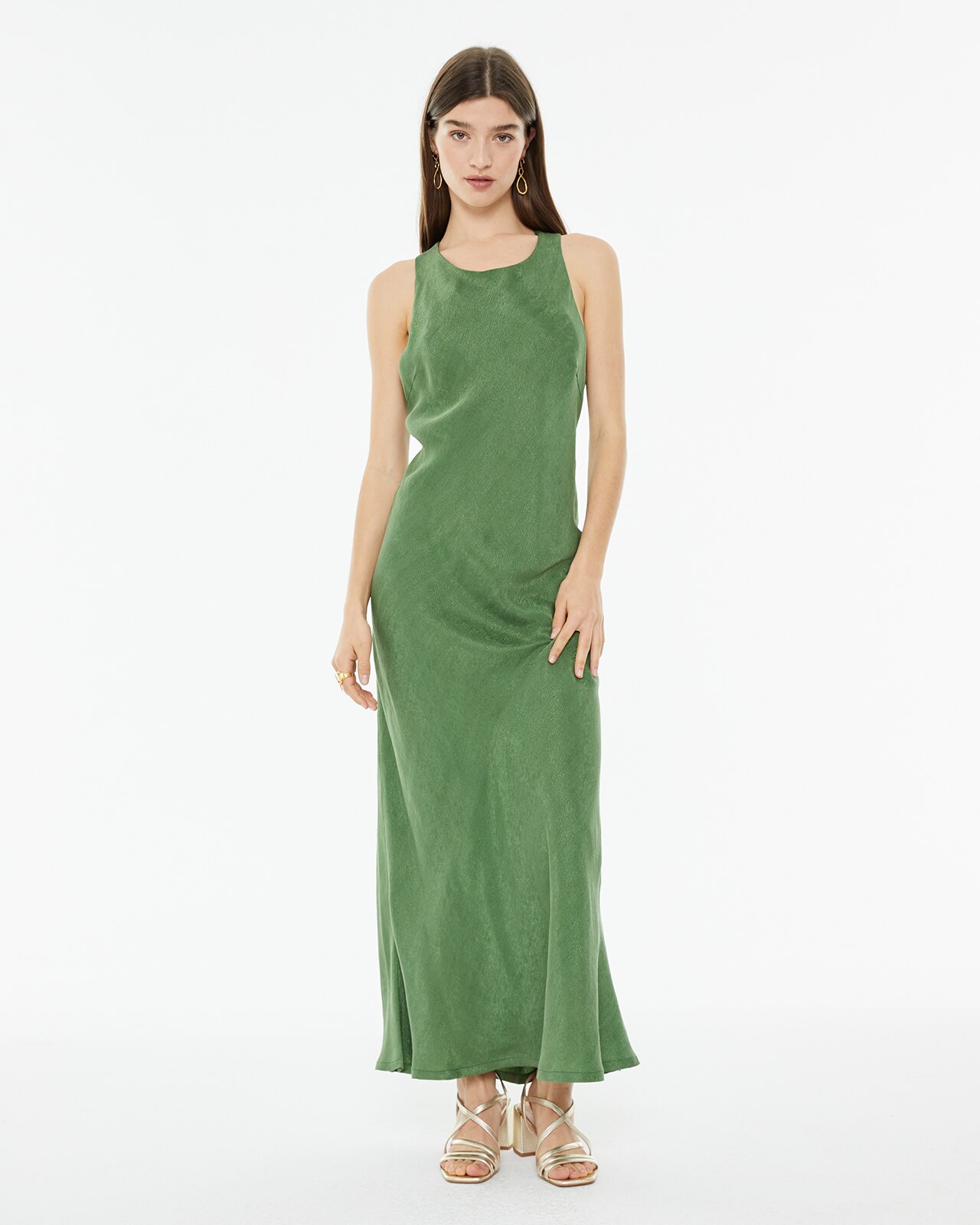 Vestido Comprido em Tecido Jacquard com Decote Halter Verde-1