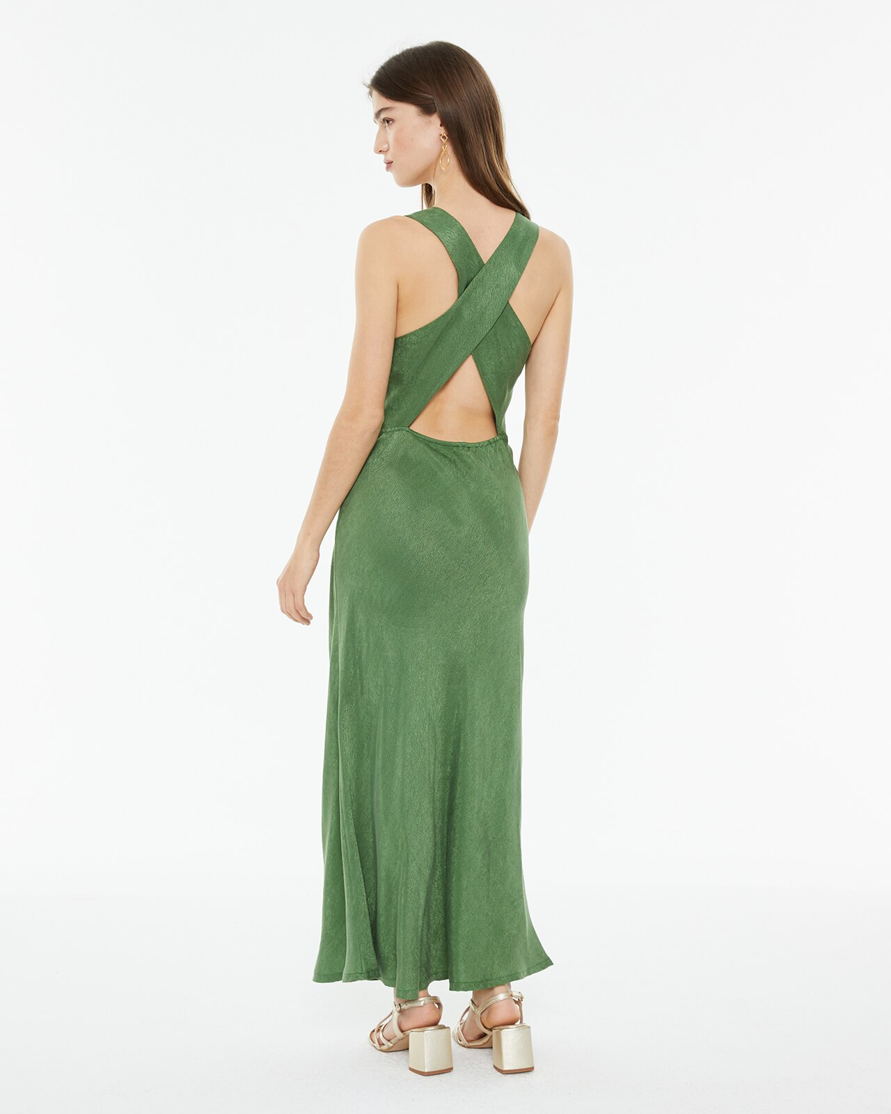 Vestido Comprido em Tecido Jacquard com Decote Halter Verde-2