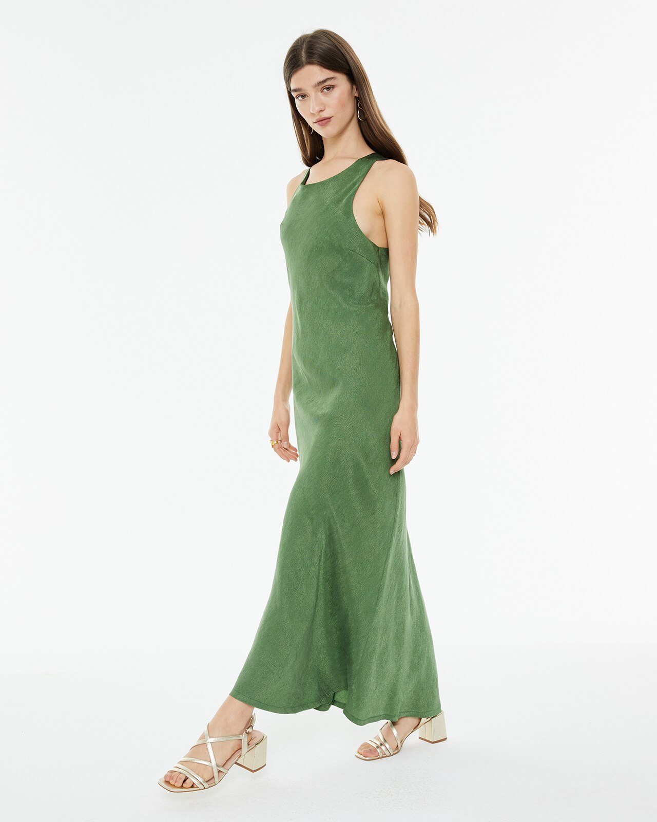 Vestido Comprido em Tecido Jacquard com Decote Halter Verde-3
