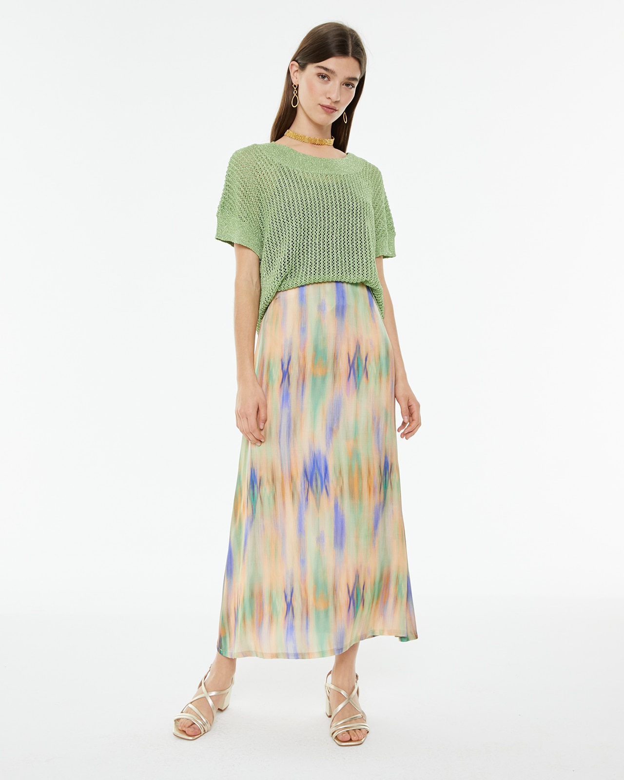 Saia Midi Evasé com Estampado Águas Multicolor-1