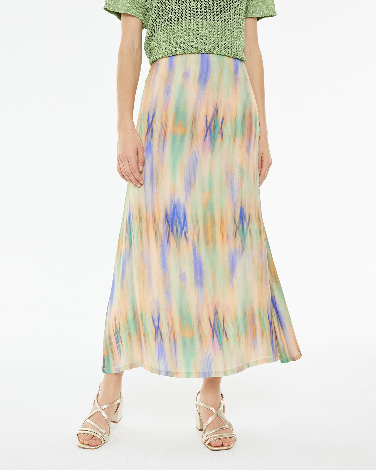 Saia Midi Evasé com Estampado Águas Multicolor-3