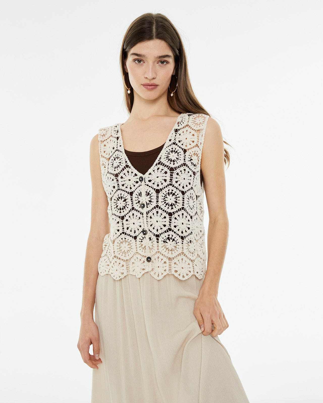 Top em Tecido Crochet com Fecho de Botões Frontal Branco-1